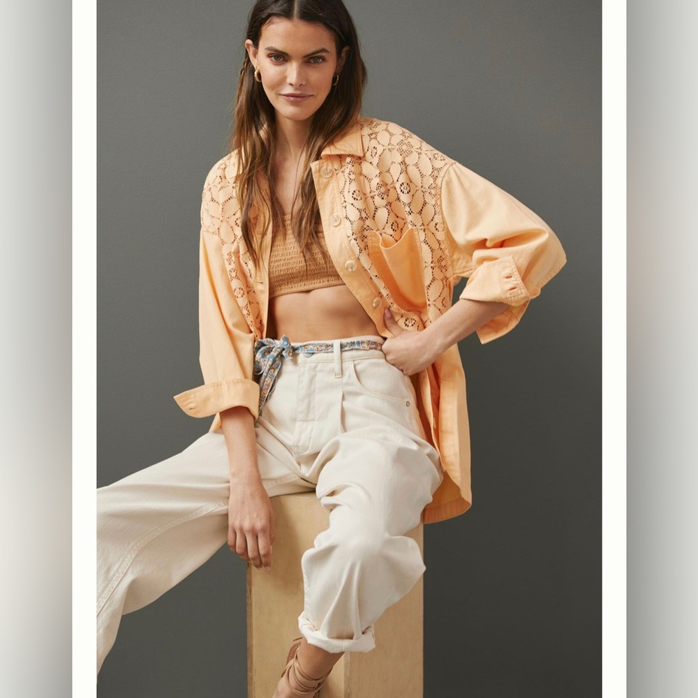 Anthropologie Peach Lace Panel Button-Down Shirt